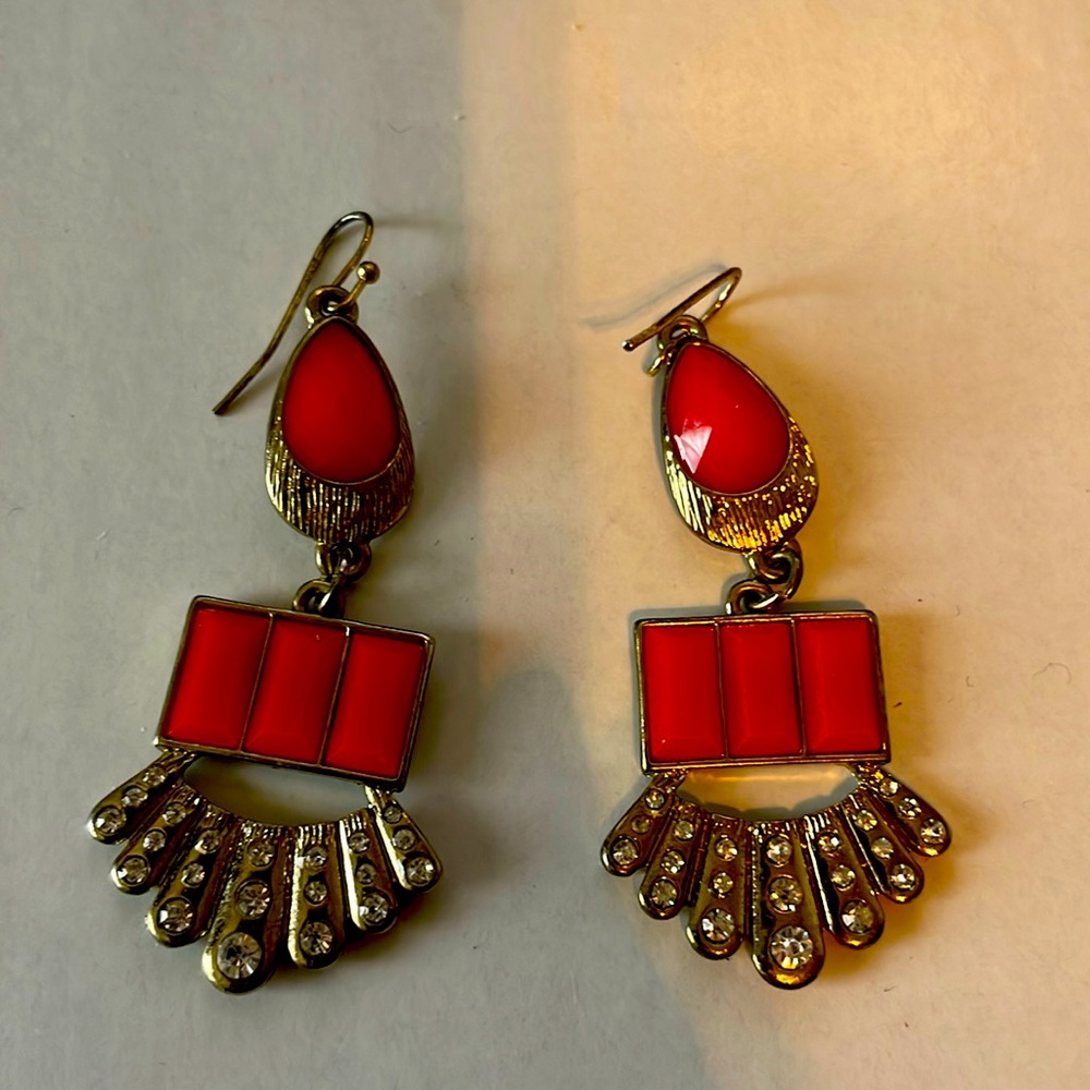 Pierced earrings, orange and silver colored, rhinestones, lovely set